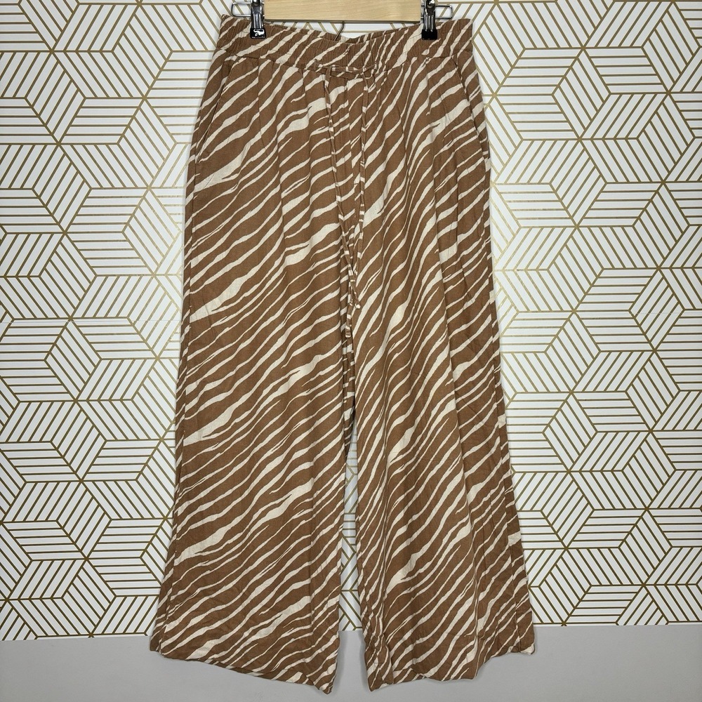 A New Day Khaki Zebra Print Wide Legged‎ Linen Blend Pants Beachy Pockets Medium
